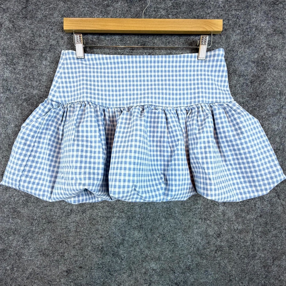 Wearever Mini Skirt Women XL Blue White Gingham Plaid Stretch Pleated Bubble Hem